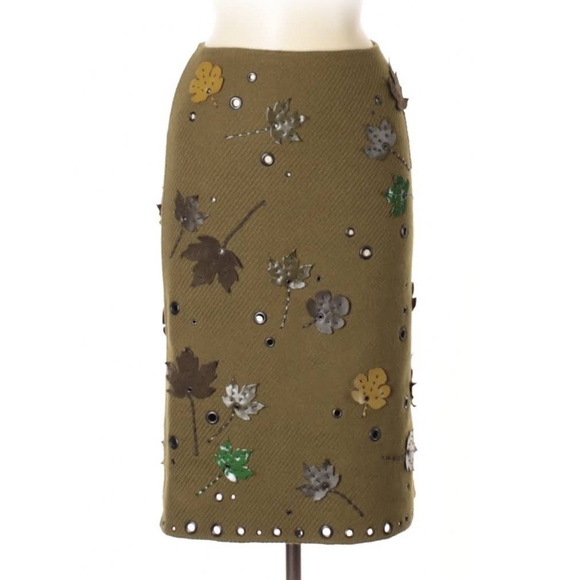 PRADA FW1999 Olive Green Wool Skirt; Leather Leaf Accents & Metal Grommets; Sz38 - Picture 1 of 16